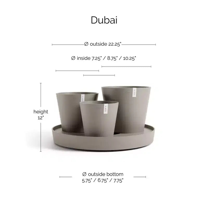 Ecopots Dubai Self Watering Durable Modern Round Indoor/Outdoor Recycled-Based Composite Flower Pot Planters w/Wheels and Saucer, Taupe, 22
