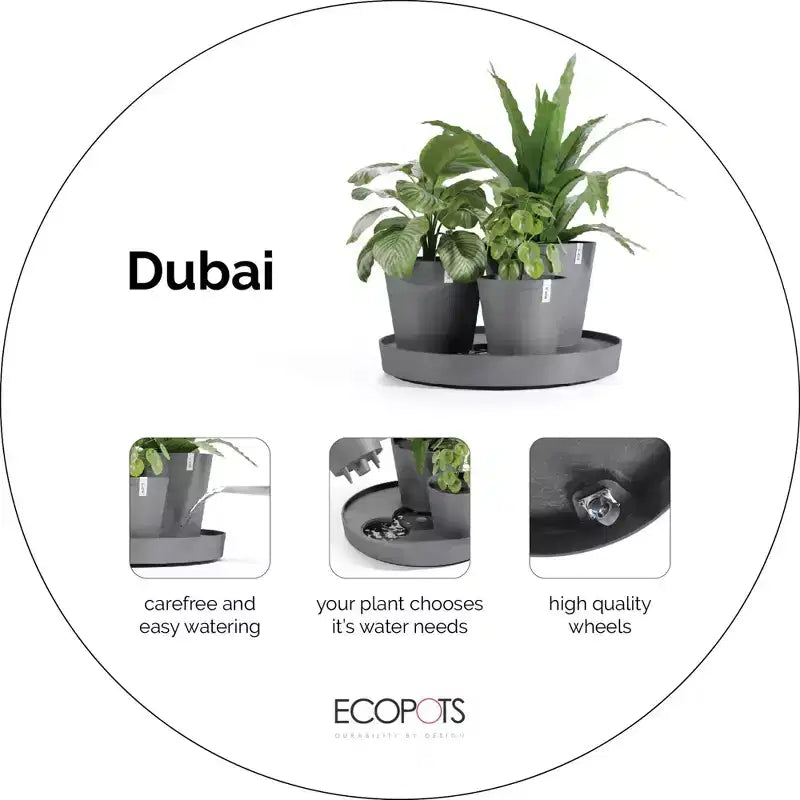 Ecopots Dubai Self Watering Durable Modern Round Indoor/Outdoor Recycled-Based Composite Flower Pot Planters w/Wheels and Saucer, Taupe, 22