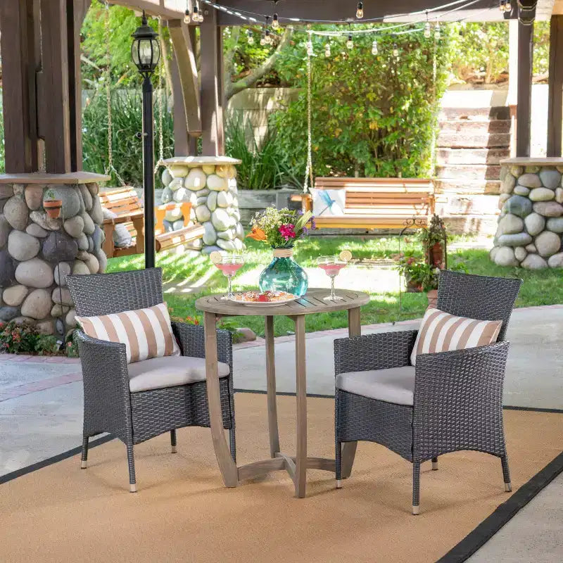 GDFStudio Brantly Outdoor Acacia Wood and Wicker 3 Piece Bistro Set with Cushions