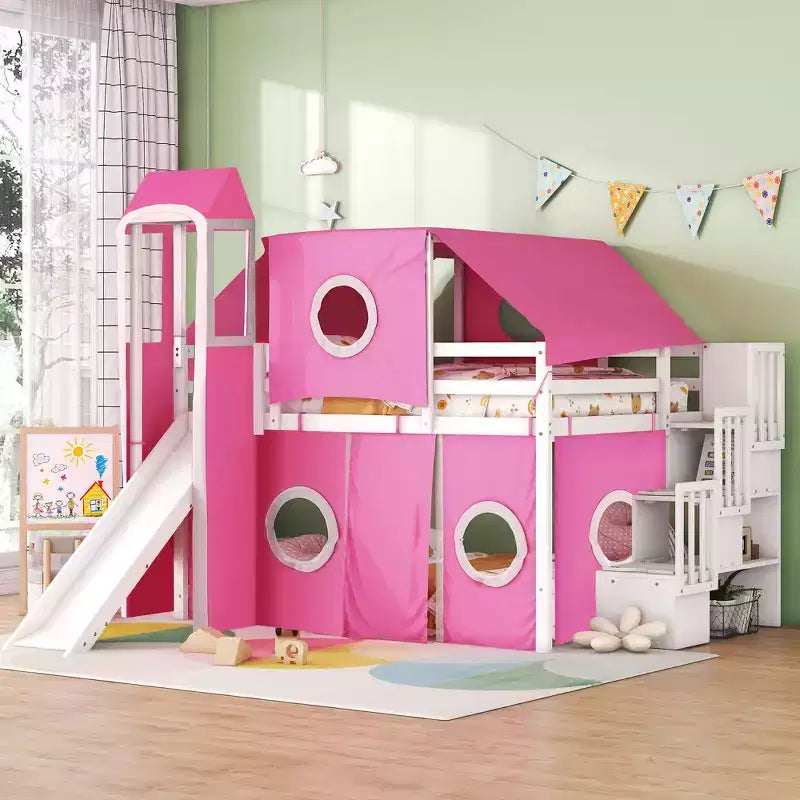 Whisen Twin Size Loft Bed with Tent and Tower