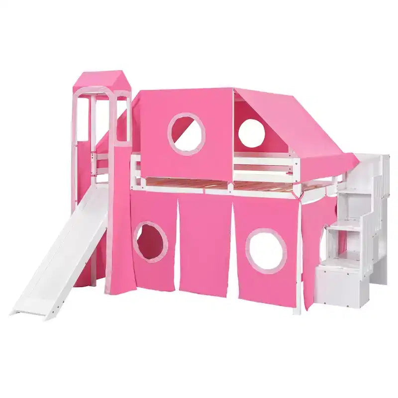 Whisen Twin Size Loft Bed with Tent and Tower
