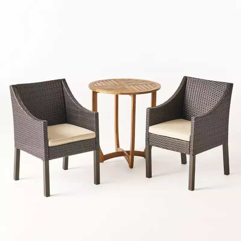 Christopher Knight Home Lorita Outdoor Acacia Wood and Wicker 3 Piece Bistro Set with Cushions