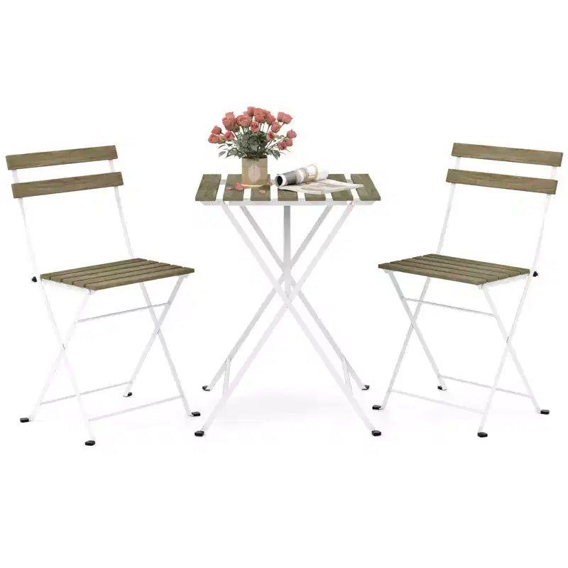 Costway 3 PCS Patio Acacia Wood Bistro Set Bistro Table with 2 Folding Chairs Slatted Seat Brown/Gray