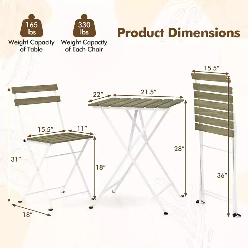 Costway 3 PCS Patio Acacia Wood Bistro Set Bistro Table with 2 Folding Chairs Slatted Seat Brown/Gray