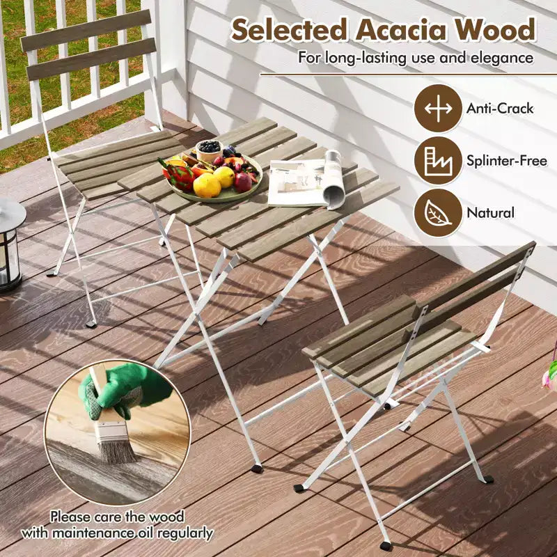 Costway 3 PCS Patio Acacia Wood Bistro Set Bistro Table with 2 Folding Chairs Slatted Seat Brown/Gray