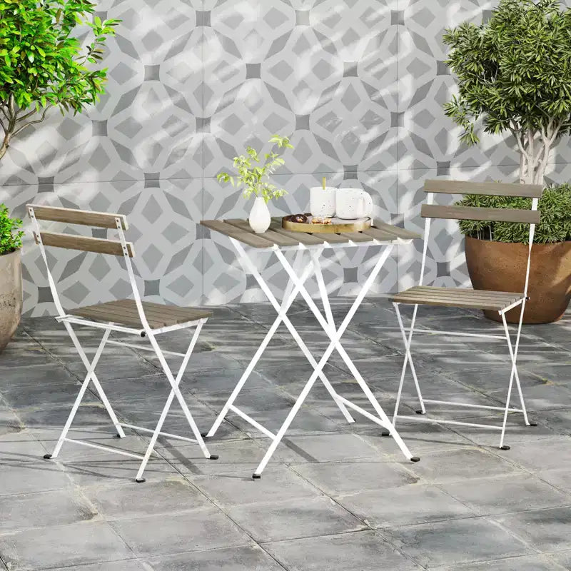 Costway 3 PCS Patio Acacia Wood Bistro Set Bistro Table with 2 Folding Chairs Slatted Seat Brown/Gray