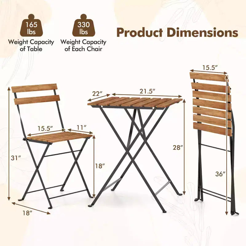Costway 3 PCS Patio Acacia Wood Bistro Set Bistro Table with 2 Folding Chairs Slatted Seat Brown/Gray