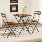 Costway 3 PCS Patio Acacia Wood Bistro Set Bistro Table with 2 Folding Chairs Slatted Seat Brown/Gray