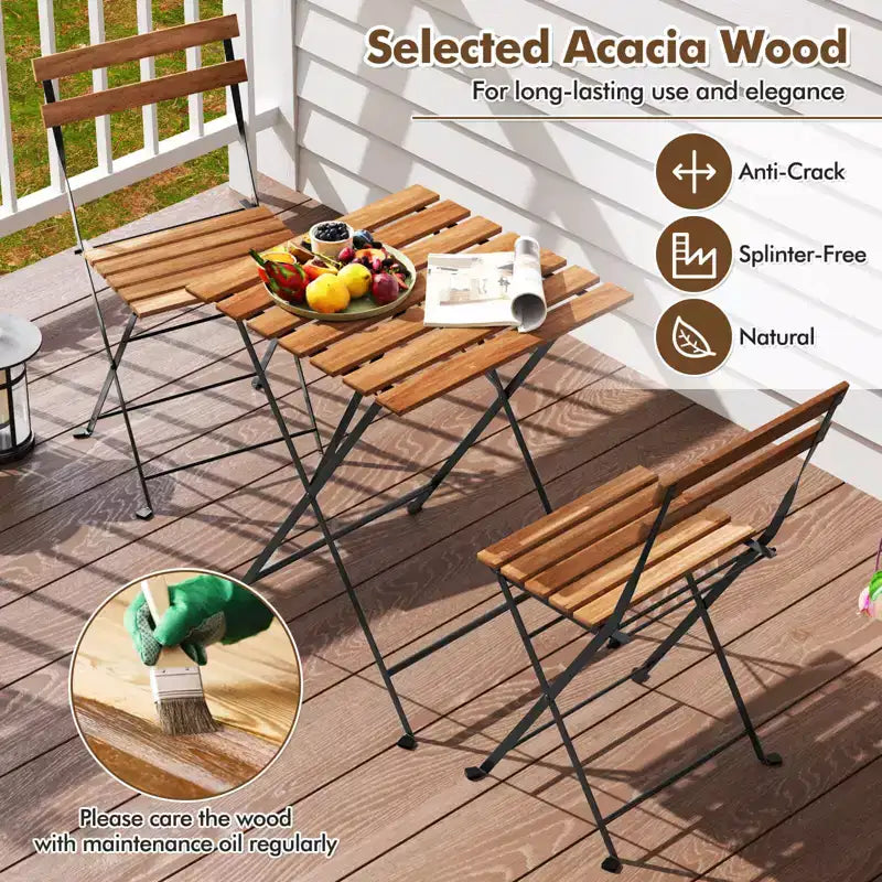 Costway 3 PCS Patio Acacia Wood Bistro Set Bistro Table with 2 Folding Chairs Slatted Seat Brown/Gray