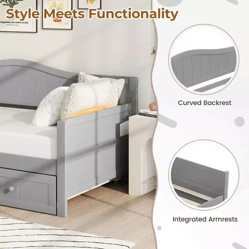 Costway Twin Size Daybed with Trundle Solid Wood Sofa Bed with Slats Support Guest Bed White/Gray