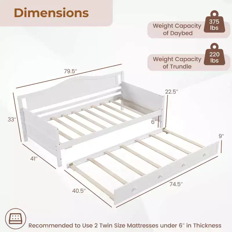 Costway Twin Size Daybed with Trundle Solid Wood Sofa Bed with Slats Support Guest Bed White/Gray
