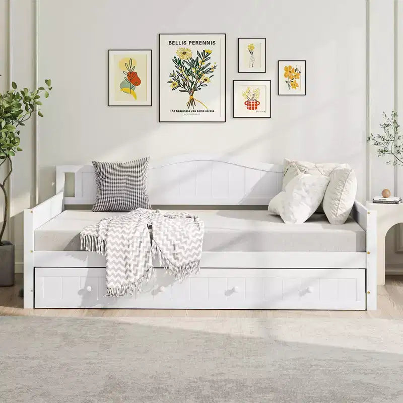 Costway Twin Size Daybed with Trundle Solid Wood Sofa Bed with Slats Support Guest Bed White/Gray