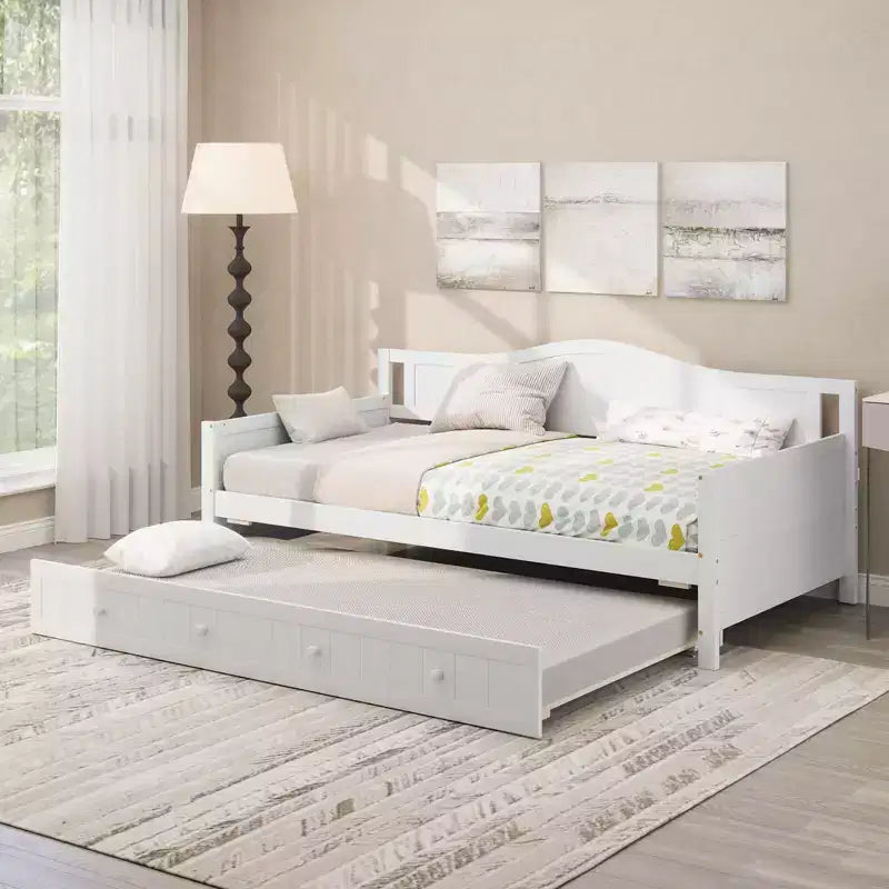 Costway Twin Size Daybed with Trundle Solid Wood Sofa Bed with Slats Support Guest Bed White/Gray