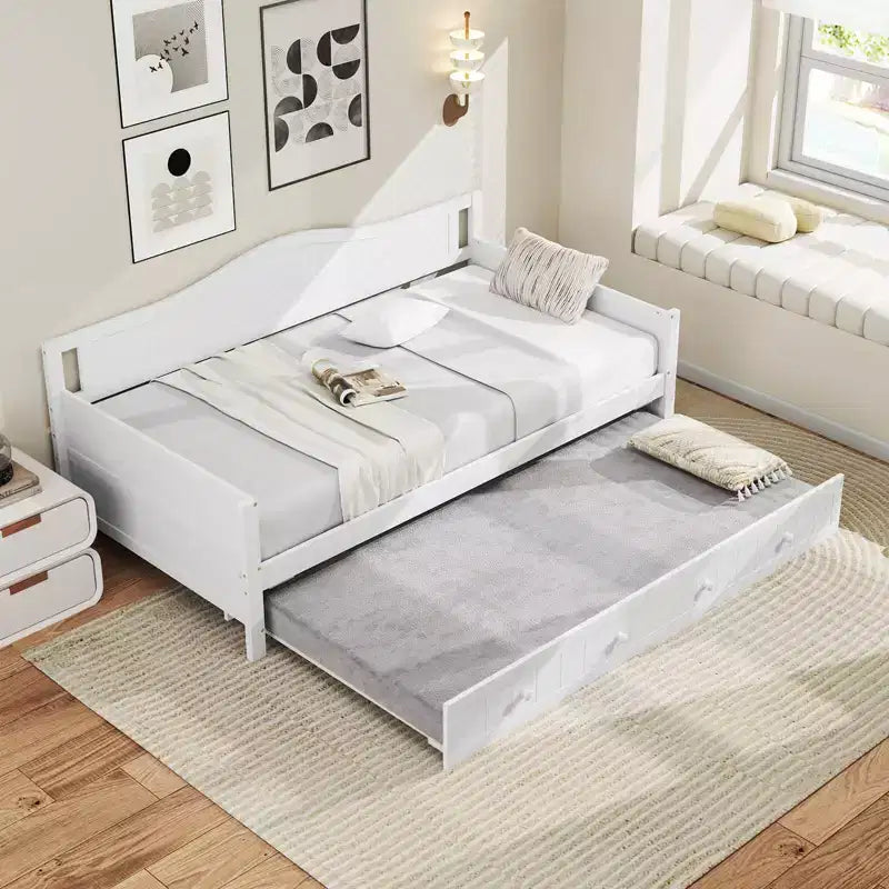 Costway Twin Size Daybed with Trundle Solid Wood Sofa Bed with Slats Support Guest Bed White/Gray