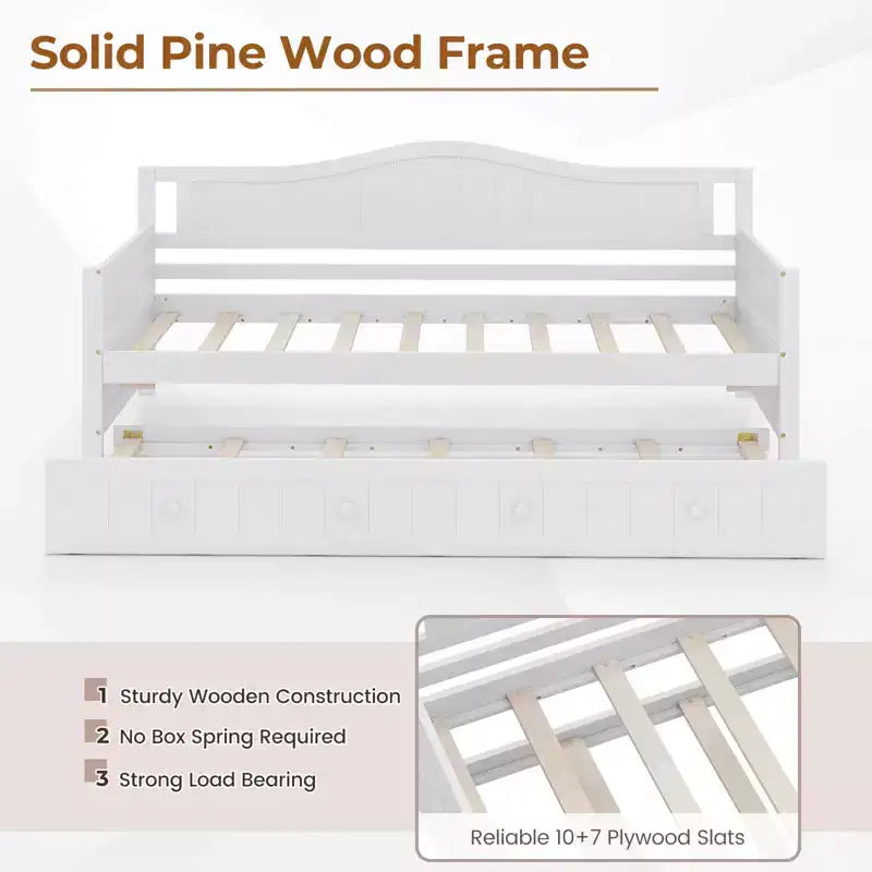 Costway Twin Size Daybed with Trundle Solid Wood Sofa Bed with Slats Support Guest Bed White/Gray