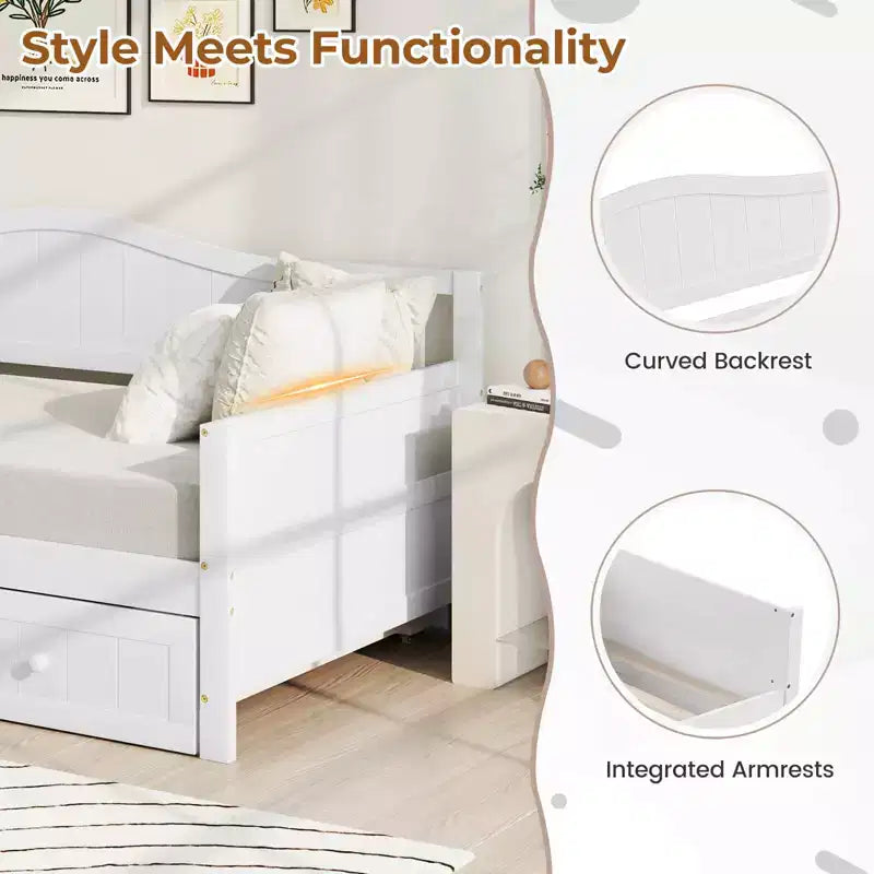 Costway Twin Size Daybed with Trundle Solid Wood Sofa Bed with Slats Support Guest Bed White/Gray