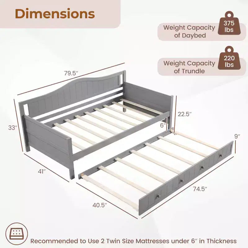 Costway Twin Size Daybed with Trundle Solid Wood Sofa Bed with Slats Support Guest Bed White/Gray