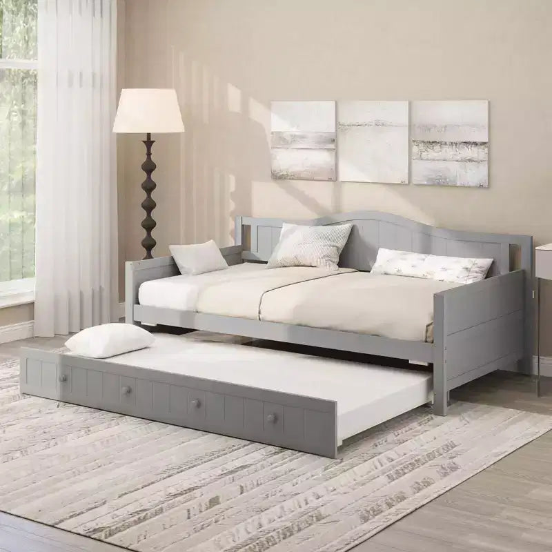 Costway Twin Size Daybed with Trundle Solid Wood Sofa Bed with Slats Support Guest Bed White/Gray