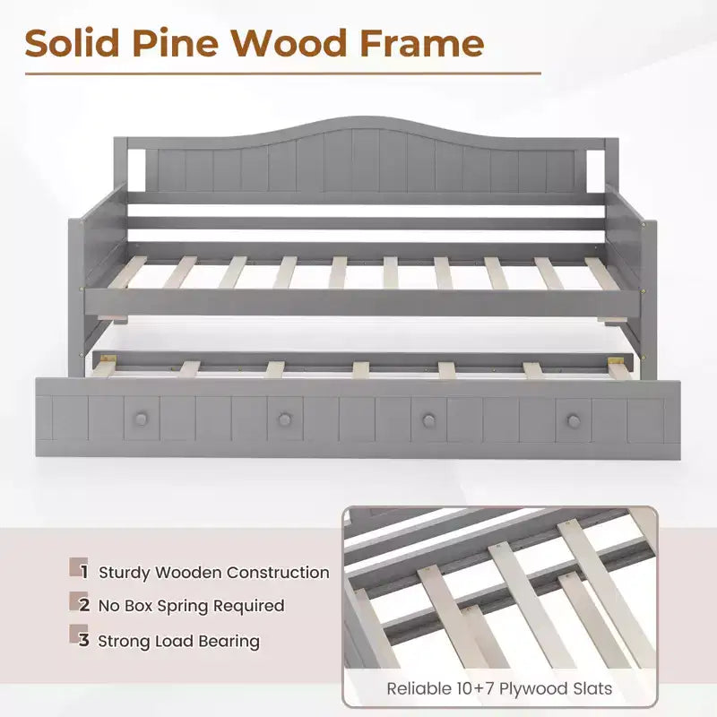 Costway Twin Size Daybed with Trundle Solid Wood Sofa Bed with Slats Support Guest Bed White/Gray