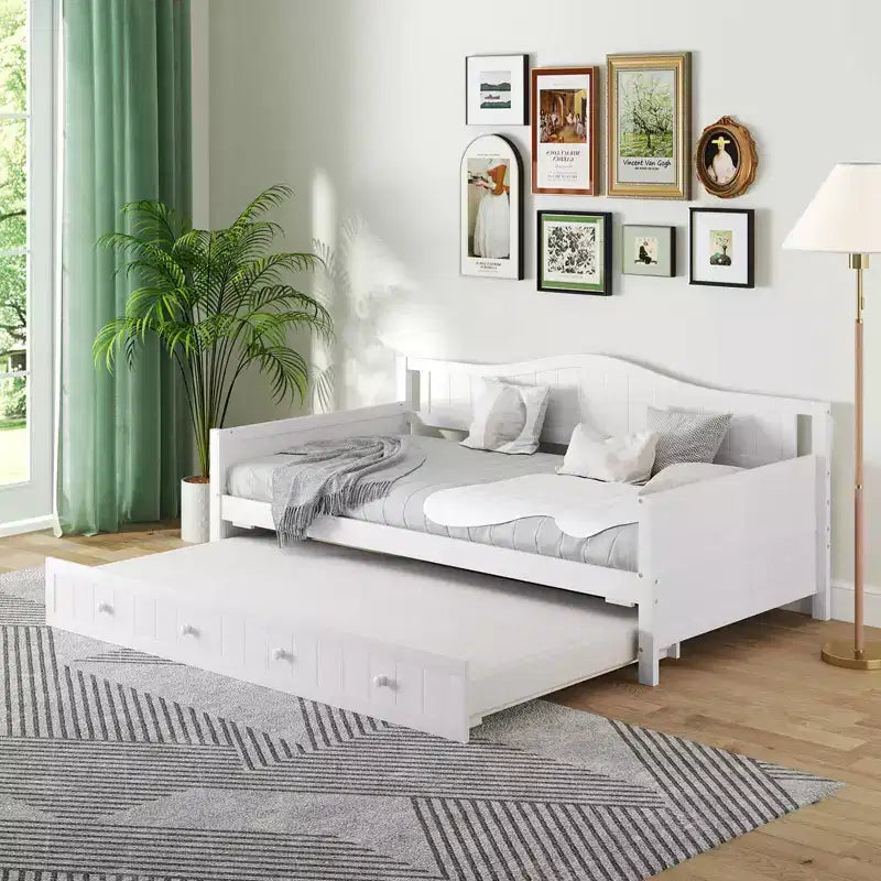Costway Twin Size Daybed with Trundle Solid Wood Sofa Bed with Slats Support Guest Bed White/Gray
