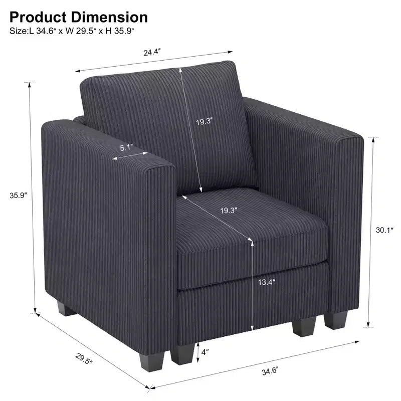 Belffin Corduroy Middle Seat Modular Sectional Couch Module Parts Convertible Modern Sectional Sofa Couch, Dark Grey