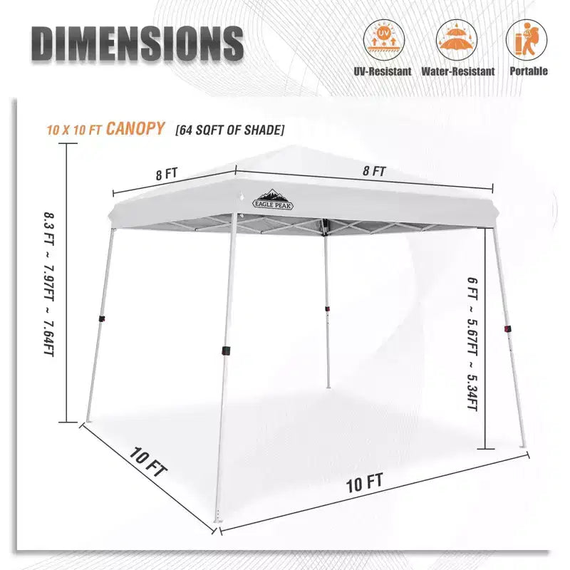 EAGLE PEAK 10x10ft Slant Leg Pop Up Canopy Tent,10x10 Base 8x8 Top
