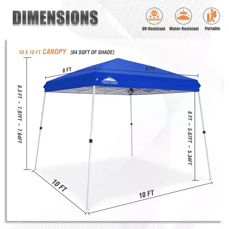 EAGLE PEAK 10x10ft Slant Leg Pop Up Canopy Tent,10x10 Base 8x8 Top