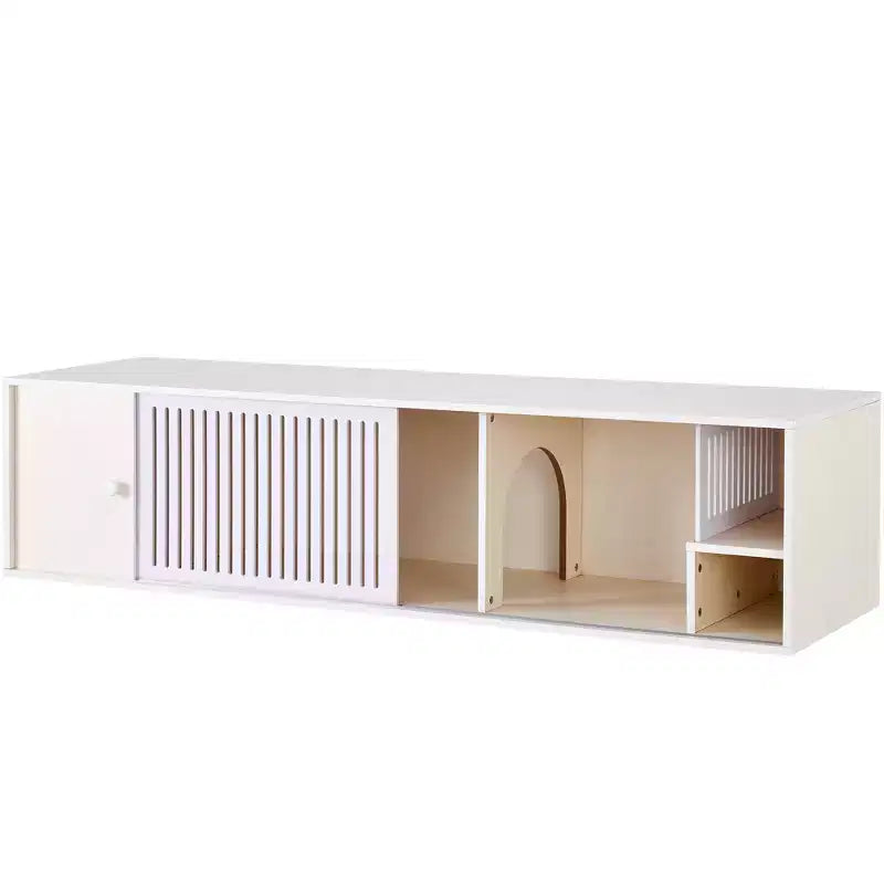 Cat TV Stand Litter Box TV Console with Storage Cabinet & Removable Sliding Door, Cream White-ModernLuxe