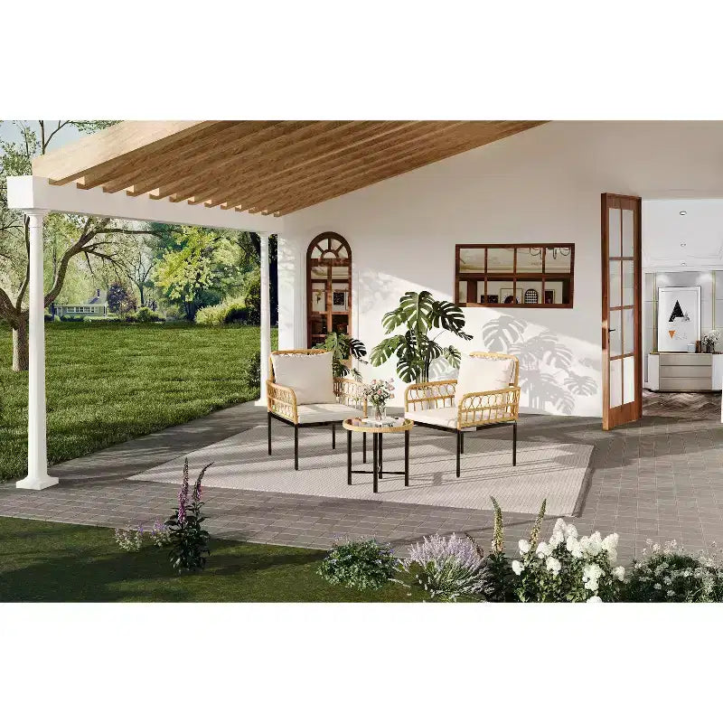 3-Piece Outdoor Bistro Set, PE Rattan Patio Furniture with Tempered Glass Table & 2 Chairs - Boho Style