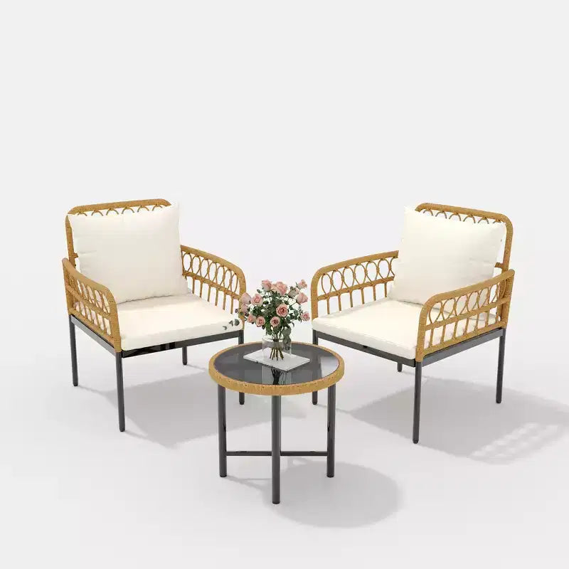 3-Piece Outdoor Bistro Set, PE Rattan Patio Furniture with Tempered Glass Table & 2 Chairs - Boho Style