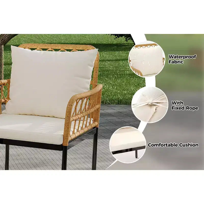 3-Piece Outdoor Bistro Set, PE Rattan Patio Furniture with Tempered Glass Table & 2 Chairs - Boho Style