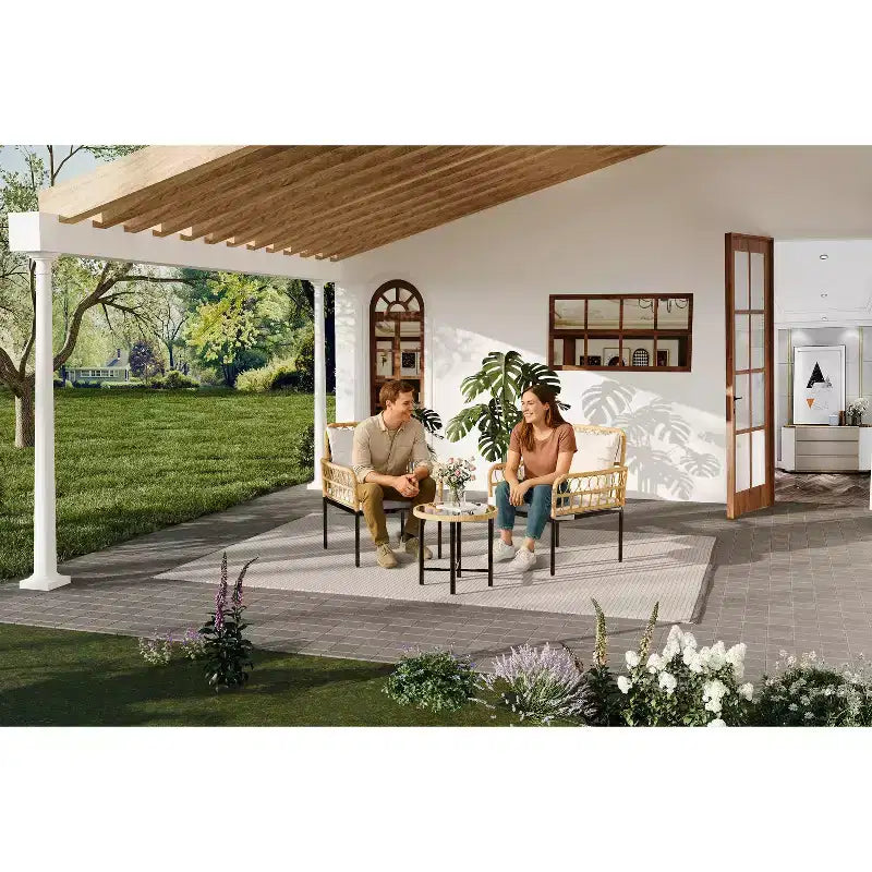 3-Piece Outdoor Bistro Set, PE Rattan Patio Furniture with Tempered Glass Table & 2 Chairs - Boho Style