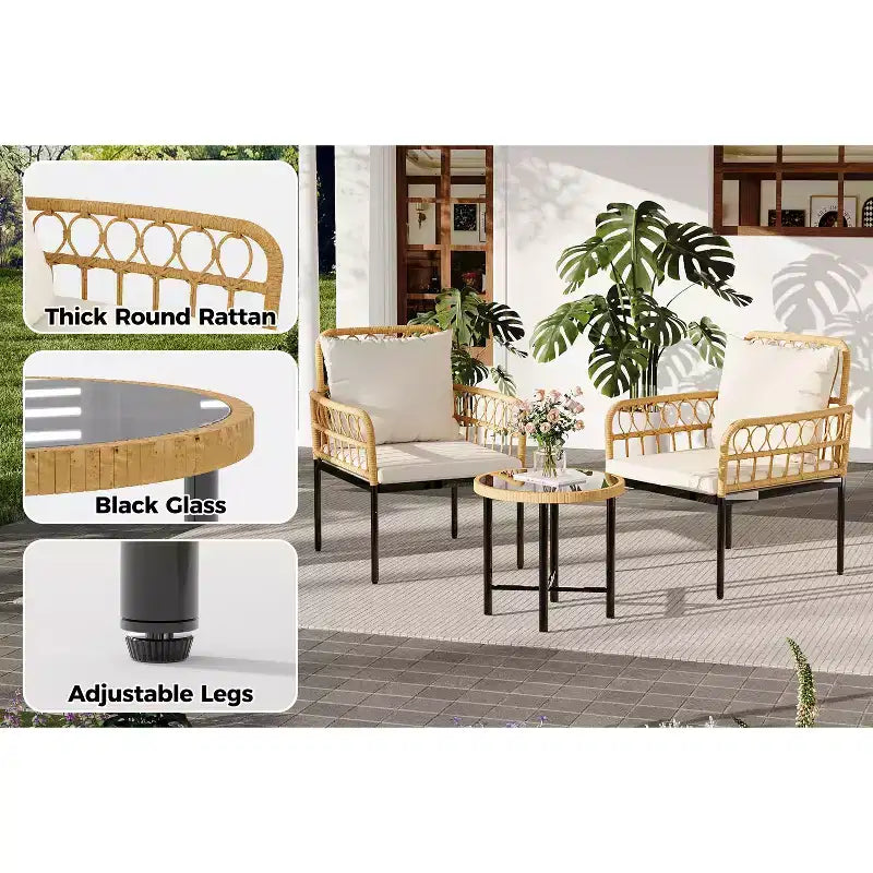 3-Piece Outdoor Bistro Set, PE Rattan Patio Furniture with Tempered Glass Table & 2 Chairs - Boho Style