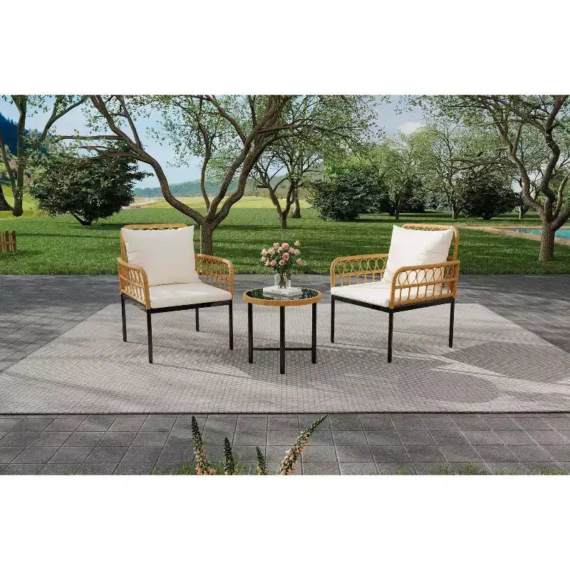 3-Piece Outdoor Bistro Set, PE Rattan Patio Furniture with Tempered Glass Table & 2 Chairs - Boho Style