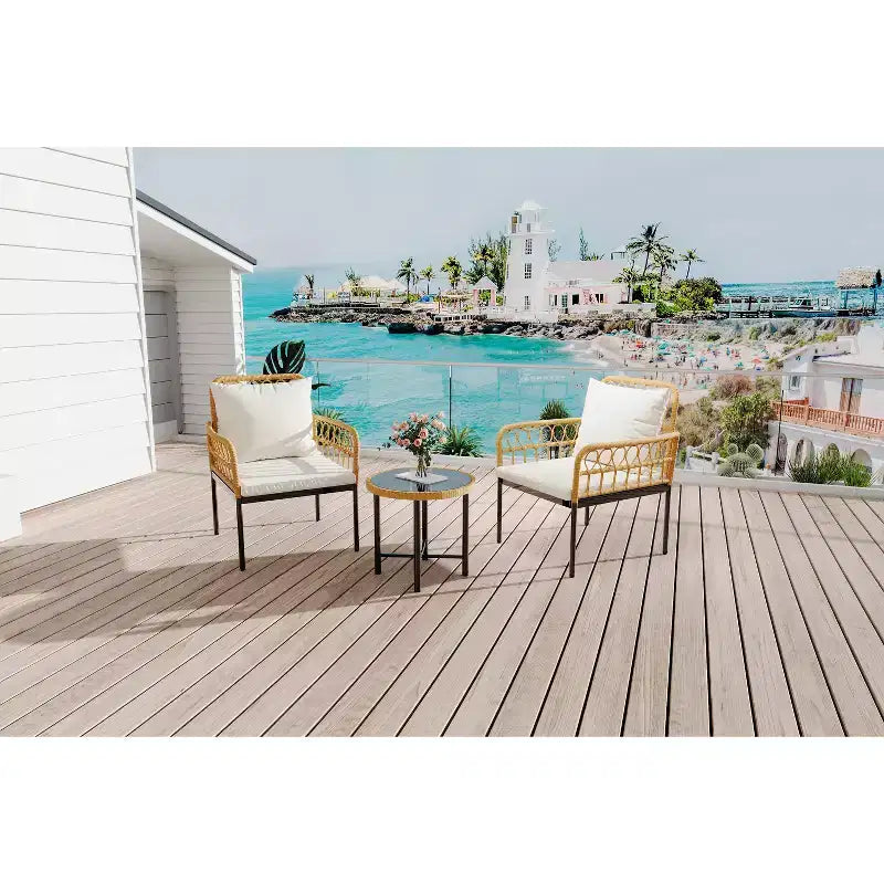 3-Piece Outdoor Bistro Set, PE Rattan Patio Furniture with Tempered Glass Table & 2 Chairs - Boho Style