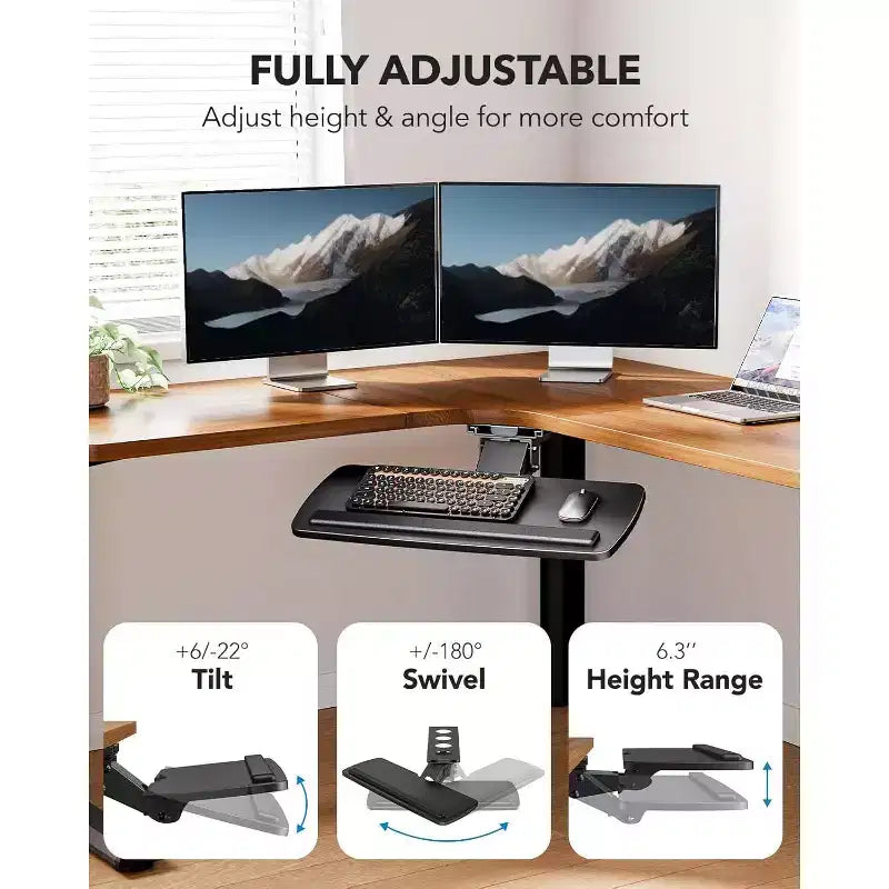 HUANUO Under Desk Keyboard Tray, 360 adjustable and ergonomic, slides out for easy access, 25W x 9.84D, ideal for home or office