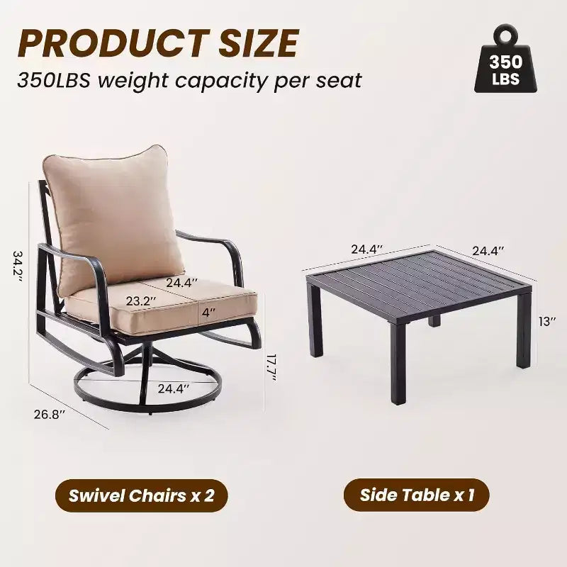 3-Piece Small Patio Furniture Set - Outdoor Bistro Set with 2 Swivel Chairs and a Small Side Table, Complete with 4 Thick Cushions