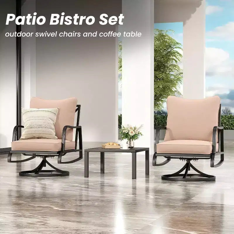 3-Piece Small Patio Furniture Set - Outdoor Bistro Set with 2 Swivel Chairs and a Small Side Table, Complete with 4 Thick Cushions