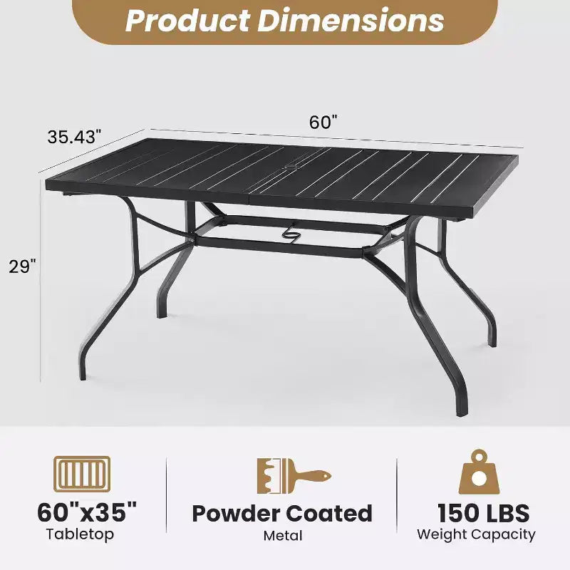 Durable 60x35'' Rectangle Outdoor Dining Table with 1.57'' Umbrella Hole - Weather-Resistant Metal Furniture for Patio, Garden, Backyard, and Poolside