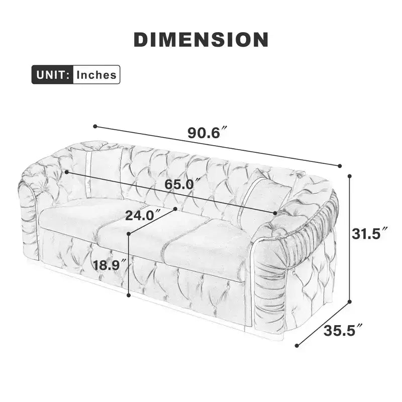 Luxurious 90.6 Inch Velvet Chesterfield Sofa with Button Tufting, Gold Accents, and 2 Pillows - Premium 280g Italian Velvet for Elegant Living Rooms