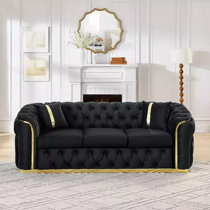 Luxurious 90.6 Inch Velvet Chesterfield Sofa with Button Tufting, Gold Accents, and 2 Pillows - Premium 280g Italian Velvet for Elegant Living Rooms