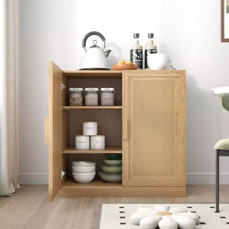1 Piece Black Wood Grain Storage Cabinet (Wicker Door), Decorative Storage Cabinet