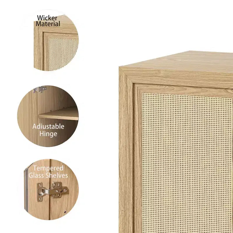 1 Piece Black Wood Grain Storage Cabinet (Wicker Door), Decorative Storage Cabinet