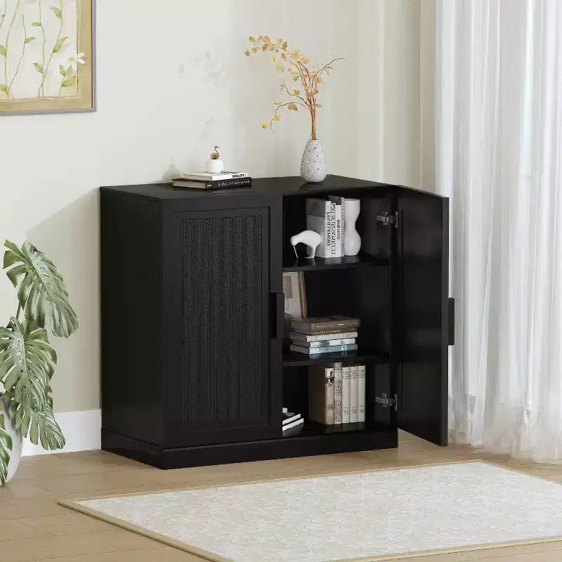 1 Piece Black Wood Grain Storage Cabinet (Wicker Door), Decorative Storage Cabinet
