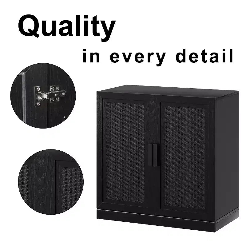 1 Piece Black Wood Grain Storage Cabinet (Wicker Door), Decorative Storage Cabinet