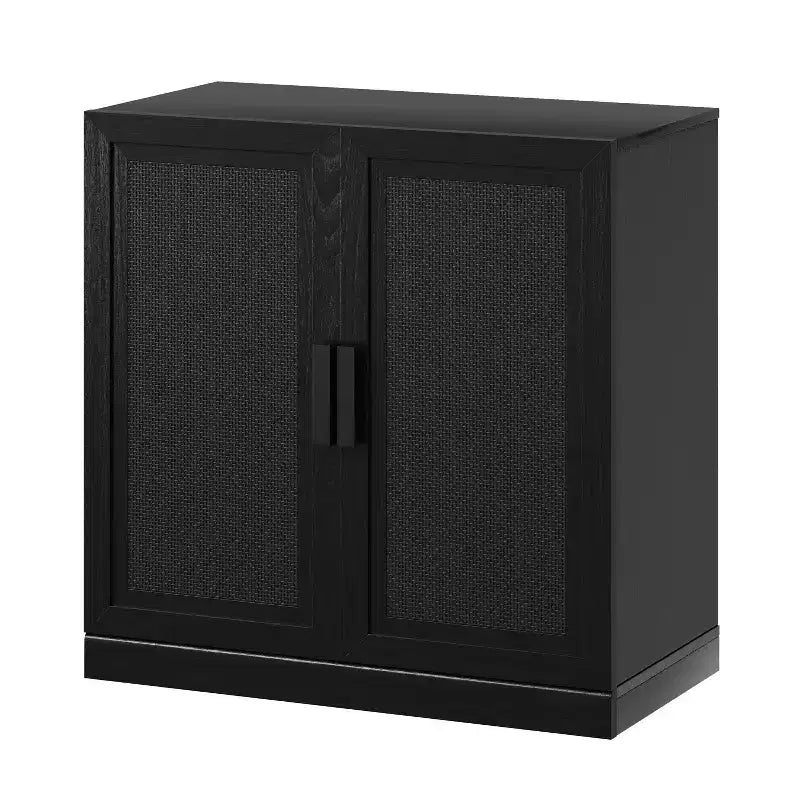 1 Piece Black Wood Grain Storage Cabinet (Wicker Door), Decorative Storage Cabinet