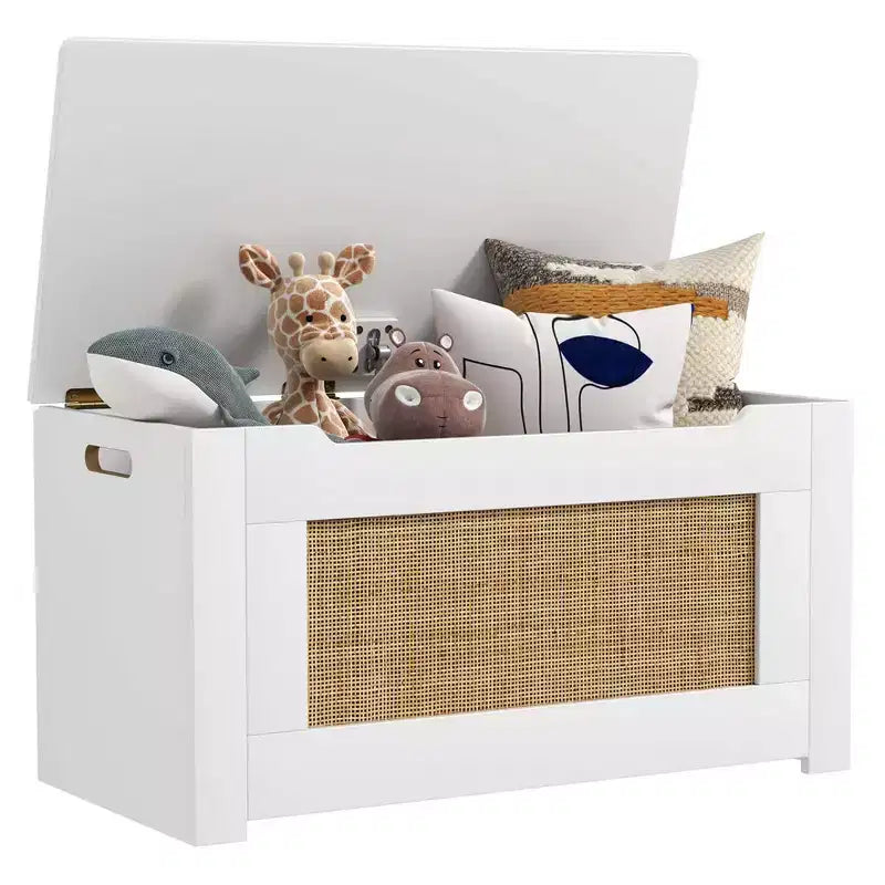 Costway 31.5 Toy Chest for Kids Rattan Toy Storage Box with Flip Top Lid & Safety Hinge