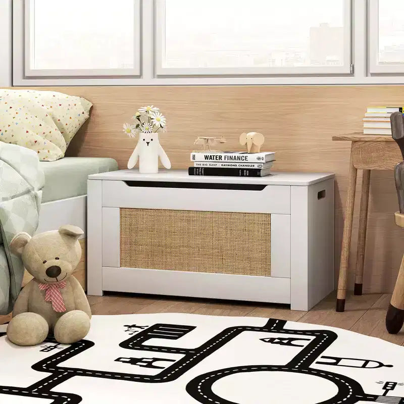 Costway 31.5 Toy Chest for Kids Rattan Toy Storage Box with Flip Top Lid & Safety Hinge
