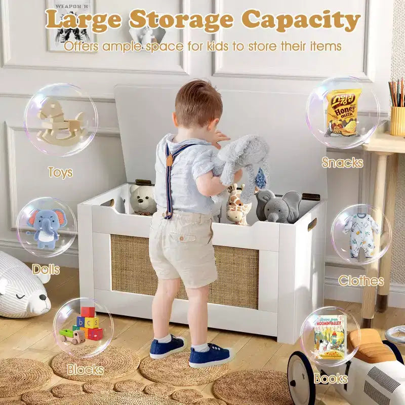 Costway 31.5 Toy Chest for Kids Rattan Toy Storage Box with Flip Top Lid & Safety Hinge