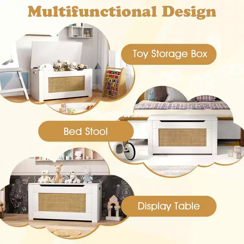 Costway 31.5 Toy Chest for Kids Rattan Toy Storage Box with Flip Top Lid & Safety Hinge